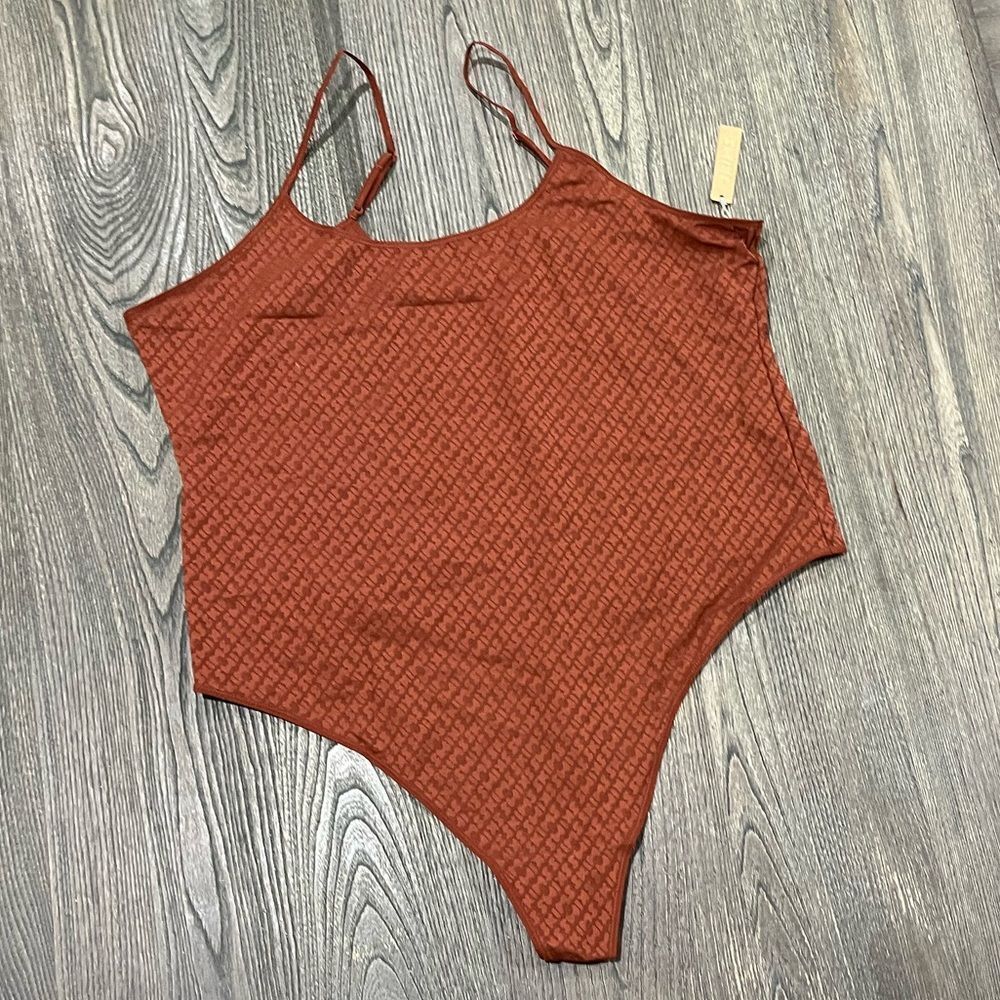 NWT Skims Logo Mesh Foil Cami Bodysuit Scoop Neck Pull-On Thong Back Brown 4X